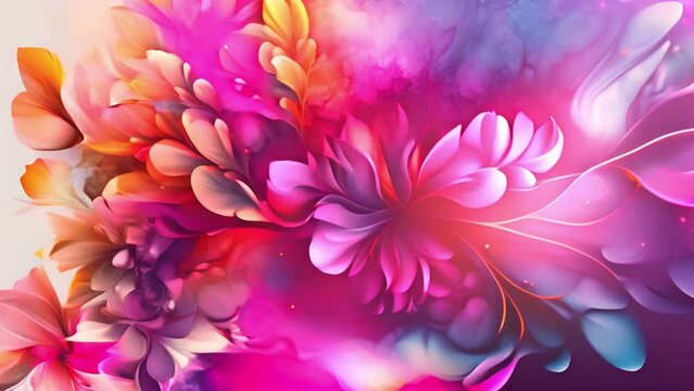 Abstract floating flowing flower with gold leaves accents on a colorful smoke blue and pink stains