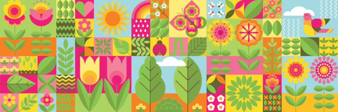 Spring abstract background with flowers, leaves, trees, butterfly, bird, rainbow, sun, ladybug. Modern geometric mosaic backdrop with bright blooming nature