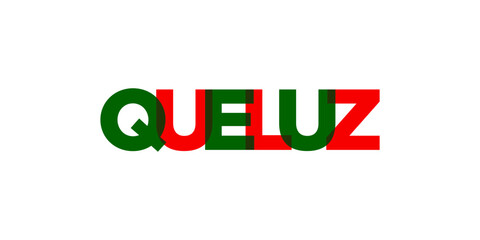 Queluz in the Portugal emblem. The design features a geometric style, vector illustration with bold typography in a modern font. The graphic slogan lettering.