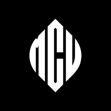 MCU circle letter logo design with circle and ellipse shape. MCU ellipse letters with typographic style. The three initials form a circle logo. MCU circle emblem abstract monogram letter mark vector.