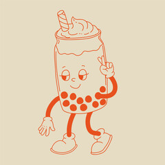 Valentine's Day set of funny vintage characters. Happy and cheerful retro. Old animation 60s 70s, groovy cartoon characters of coffee and sweets, donut, cupcake, espresso, latte, cocoa, cake. present.