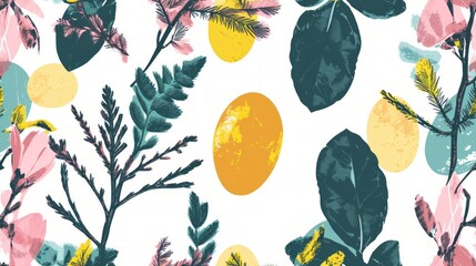 Colorful Easter eggs and flowers background. Seamless pattern