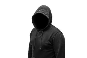 Mysterious faceless hooded anonymous criminal, silhouette of computer hacker, cyber terrorist or gangster isolated on transparent background