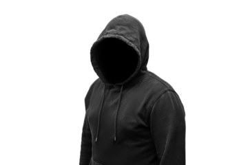 Mysterious faceless hooded anonymous criminal, silhouette of computer hacker, cyber terrorist or gangster isolated on transparent background