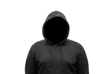 Mysterious faceless hooded anonymous criminal, silhouette of computer hacker, cyber terrorist or gangster isolated on transparent background