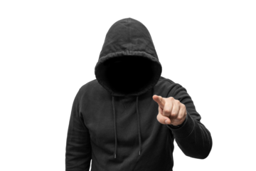 Mysterious faceless hooded anonymous criminal, silhouette of computer hacker, cyber terrorist or gangster isolated on transparent background