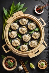 Photograph of Dumplings in a Bamboo Steamer on a Black Stone Background by ai generated