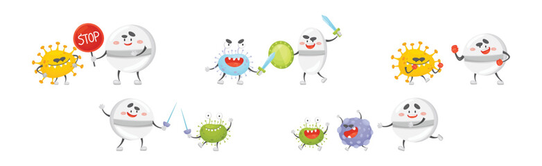 Antibiotic Pill Character Fight Bacteria and Virus Vector Set
