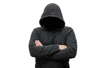 Mysterious faceless hooded anonymous criminal, silhouette of computer hacker, cyber terrorist or gangster isolated on transparent background - obrazy, fototapety, plakaty