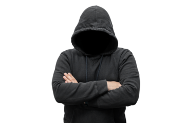 Mysterious faceless hooded anonymous criminal, silhouette of computer hacker, cyber terrorist or gangster isolated on transparent background