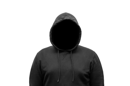 Mysterious faceless hooded anonymous criminal, silhouette of computer hacker, cyber terrorist or gangster isolated on transparent background