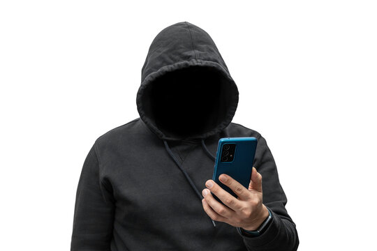 Mysterious faceless hooded anonymous hacker holding smartphone, silhouette of cybercriminal, terrorist isolated on transparent background