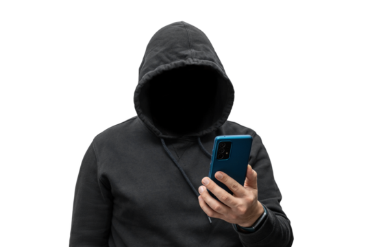 Mysterious faceless hooded anonymous hacker holding smartphone, silhouette of cybercriminal, terrorist isolated on transparent background