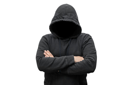 Mysterious faceless hooded anonymous criminal, silhouette of computer hacker, cyber terrorist or gangster isolated on transparent background