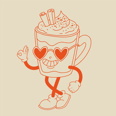 Valentine's Day set of funny vintage characters. Happy and cheerful retro. Old animation 60s 70s, groovy cartoon characters of coffee and sweets, donut, cupcake, espresso, latte, cocoa, cake. present.