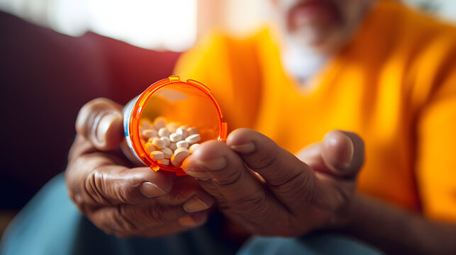 close up of man at home sitting down handling prescription pill bottle