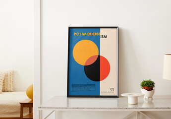Mockup of picture frame with customizable design on shelf