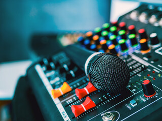 Close-up  microphone on sound mixer in live broadcasting studio producer for sound record control system production and audio equipment and music instrument