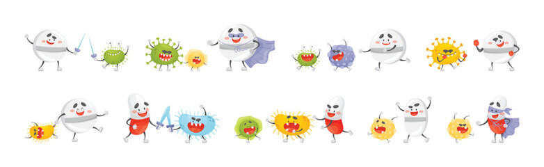 Antibiotic Pill Character Fight Bacteria and Virus Vector Set