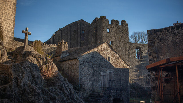 The well-preserved fortified town Couvertoirade, owned by the Knights Templar, Couvertoirade, Aveyron - France