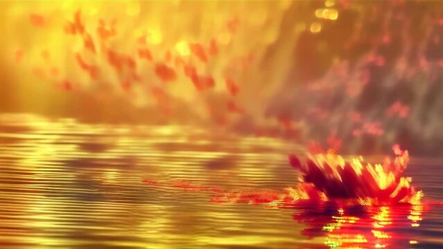 A fantastical scene of an island emitting smoke, reflected on a water surface illuminated by sunset

