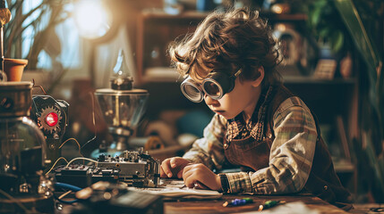 Child in an engineer's costume. Little inventor. - obrazy, fototapety, plakaty