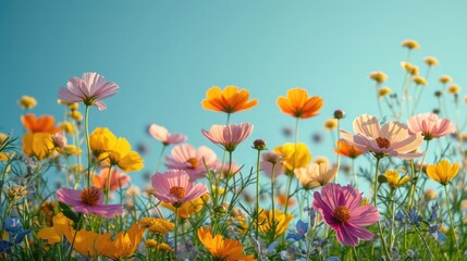A vibrant array of assorted beauty of wildflowers in a random pattern against a clear, light blue sky background. light and airy composition, capturing the essence of spring or summer - obrazy, fototapety, plakaty