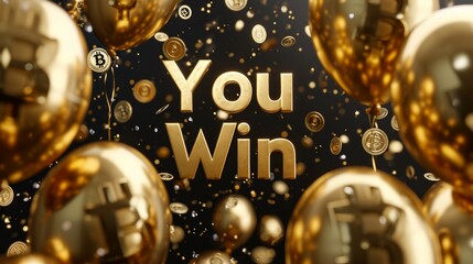You win celebrating banner template with text and gold balloons on black background,