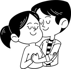 Cute valentine couple hugging, coloring page outline cartoon illustration
