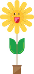 Yellow sunflower flower with two leaves in a brown vase. cheerful drawing.