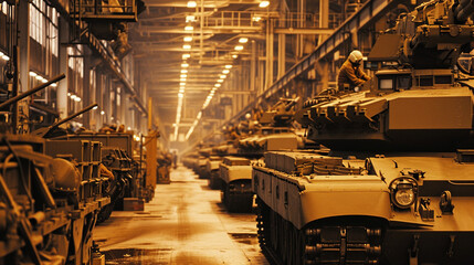 Military factory for the production of tanks. - obrazy, fototapety, plakaty