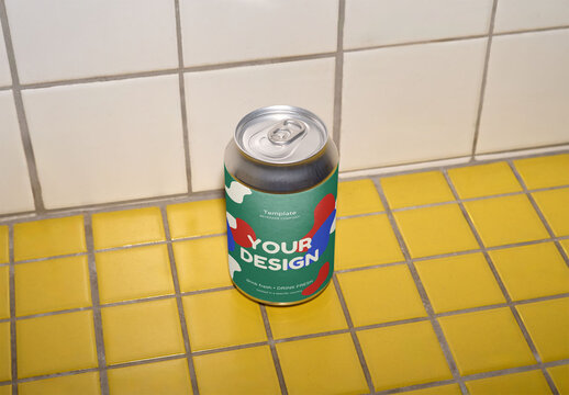 Mockup of customizable 33cl drinks can, tile background, flash