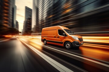 fast delivery van on the highway in big, modern city, panning motion photography