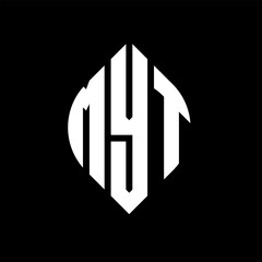 MYT circle letter logo design with circle and ellipse shape. MYT ellipse letters with typographic style. The three initials form a circle logo. MYT circle emblem abstract monogram letter mark vector.