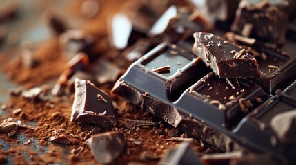 Pieces of chocolate and grated chocolate. Chocolate background