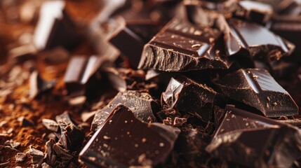 Pieces of chocolate and grated chocolate. Chocolate background - obrazy, fototapety, plakaty