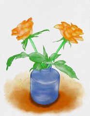 Beautiful orange roses in vase made in watercolor style