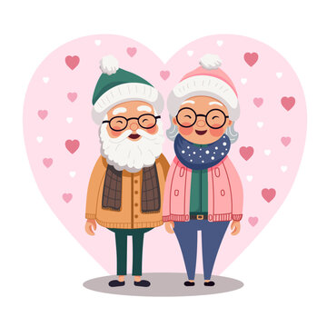 A charming illustration of an elderly couple, dressed in winter attire, surrounded by a heart and smaller hearts, depicting warmth and love