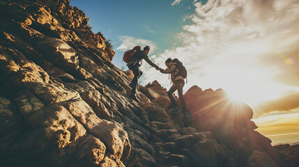 Support for climbing on rocks. Support from loved ones. - obrazy, fototapety, plakaty