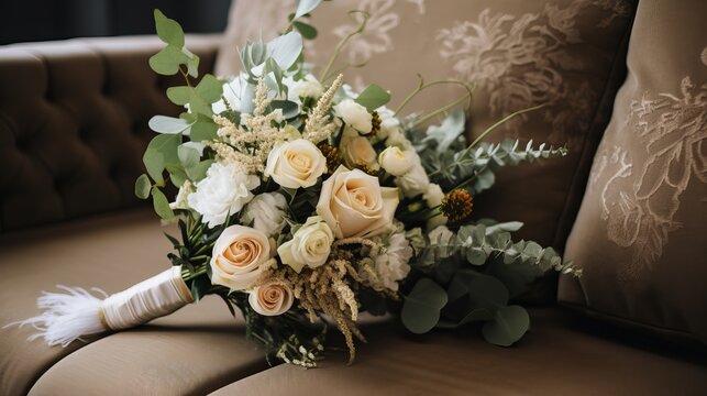 Beautiful green and white roses, wildflowers, and a bridal bouquet resting on a contemporary brown sofa in a home studio. The image features text space and depicts the engagement of two lovers.