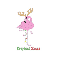 Retro pink flamingo with reindeer horn and garland vector illustration isolated on white. Tropical Xmas phrase. Groovy tropical summer Christmas print.