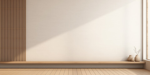 Japanese style empty room decorated with white wall and wooden slats wall - obrazy, fototapety, plakaty