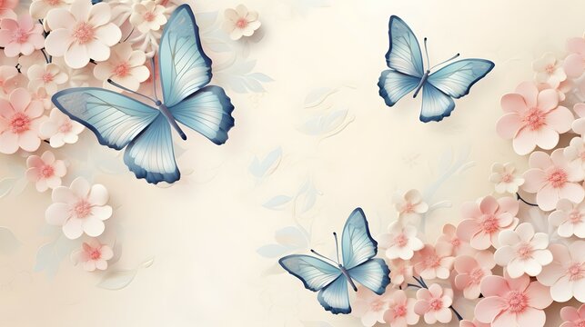 Oriental Painting of Butterflies Amongst Pastel Petals Flowers in Springtime