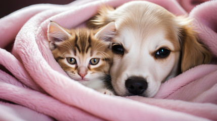 Fototapeta na wymiar A cute puppy and a cat snuggled on a pink blanket