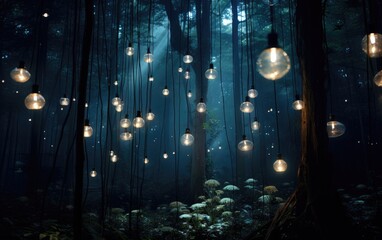 The surreal experience of wandering through a forest at night, guided by floating bulbs. Navigating the Surreal Nighttime Forest with Floating Bulbs.