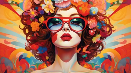 Develop an art piece featuring a retro woman surrounding colorful artwork flowers