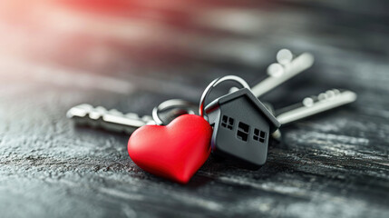 Heartfelt Homeownership. A pair of keys with a house-shaped keyring and a red heart, symbolizing love and the emotional value of a home - obrazy, fototapety, plakaty
