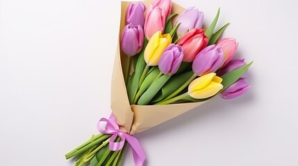 Isolated on a white backdrop, a bouquet of spring tulips including various colored flowers wrapped in paper for a gift