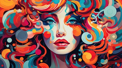 Develop an art piece featuring a retro woman surrounding colorful artwork 