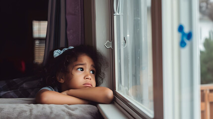 diverse child at home looking out window, lonely bored and sad